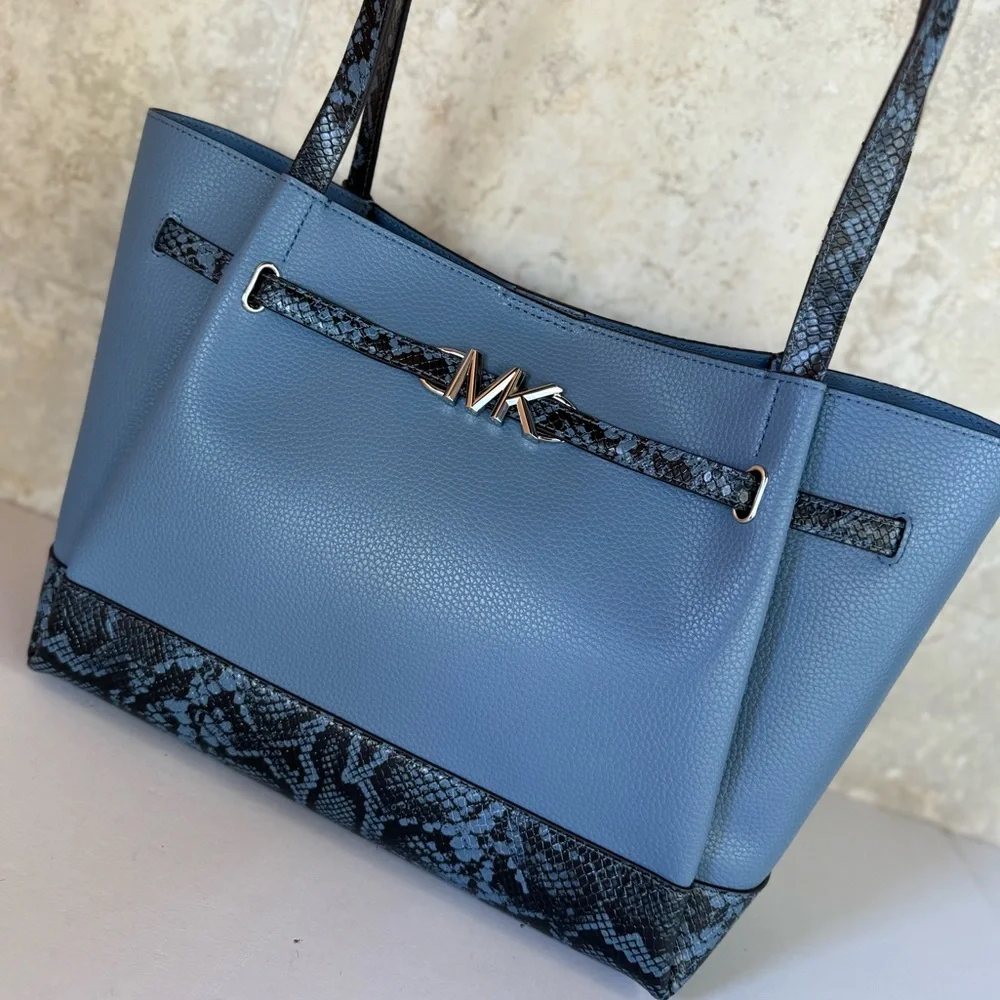 Michael Kors Blue Leather Tote with Snake-Print Accents - Picture 14 of 15